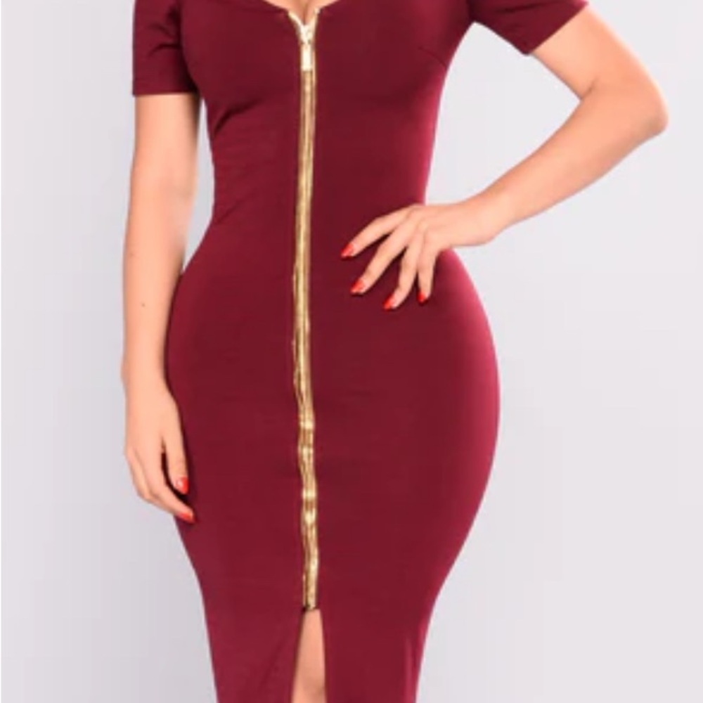 Fashion Nova Burgundy Midi Dress with Gold Zipper